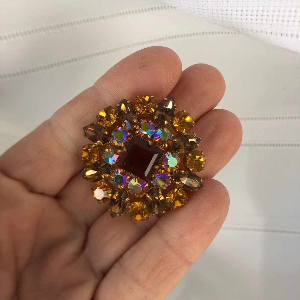Vtg Amber Rhinestone Brooch - Picture 4 of 10